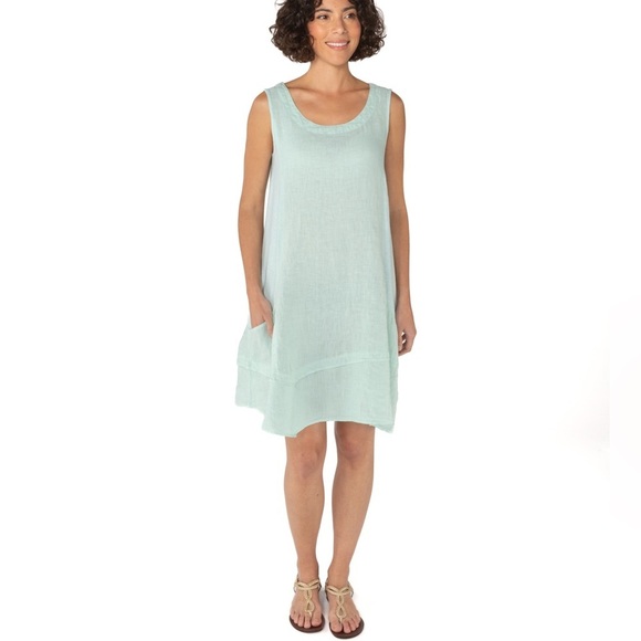 Cut Loose Linen Combo Asym Tunic Dress in Mente Green Blue Sz L - Picture 15 of 15